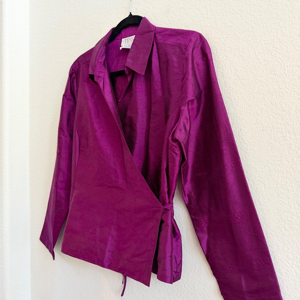 Vtg Purple 100% Silk Floral Embroidered Wrap Blouse Top Sz 16 Tess Regency Chic - Picture 5 of 10